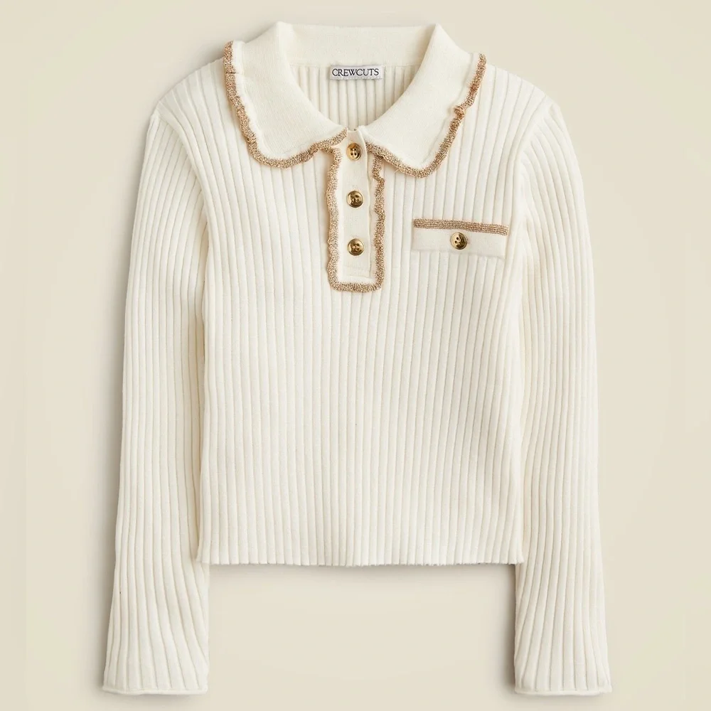 J. Crew Crewcuts Girls' ruffle polo sweater Cream Gold‎ Metallic Small 6-7